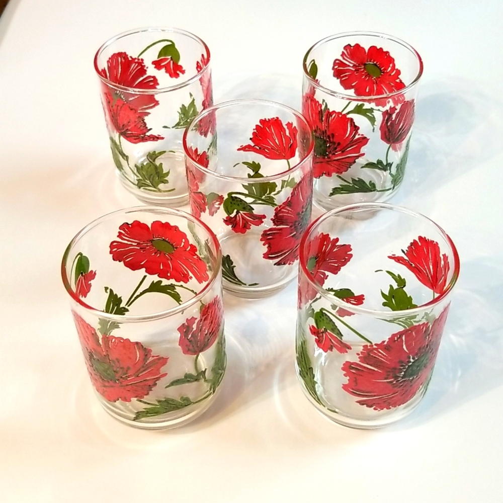 Vintage Libbey Juice Drinking Glasses w/ Red Poppy Floral Pattern